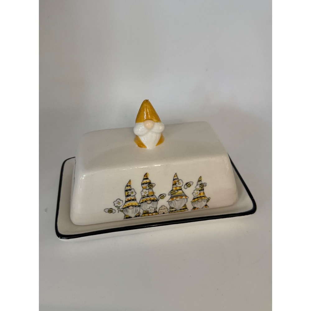 Heartland Hive Ceramic Butter Dish with Lid Yellow Garden Gnome Bee Theme